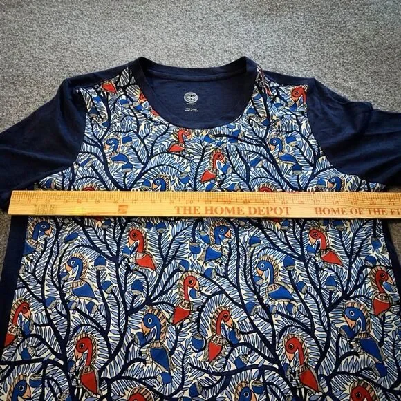 Tory Burch Silk Front Linen Top Bird Print Short Sleeve Blue Graphic Blouse L - Picture 7 of 8